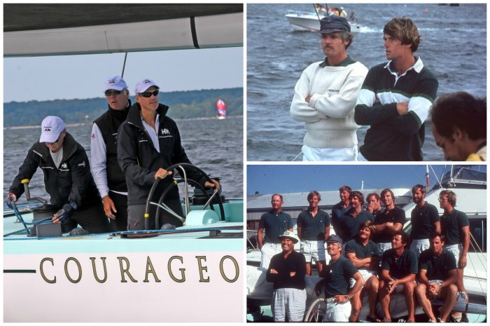 Clockwise from left: Arthur Santry at the helm of Courageous (US-26) with Gary Jobson behind him (Photo Credit: SallyAnne Santos/Windlass Creative); Gary Jobson and Ted Turner in 1977; the winning Courageous crew in 1977 (Photo credits both: courtesy of Gary Jobson). 