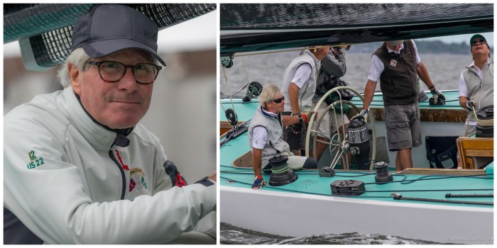 From left: Jack Curtin, owner of Intrepid (US-22) after an early practice this May in Newport and at the helm during last year’s Newport Trophy. (Photo credits both: Stephen R. Cloutier)