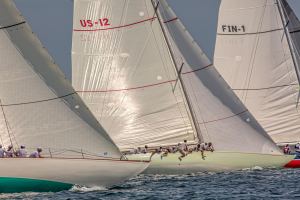 Onawa (US-6), Nyala (US-12) and Blue Marlin (FIN-1) race at the 2019 12mR World Championship at Newport, RI. Chris Tucker photo
