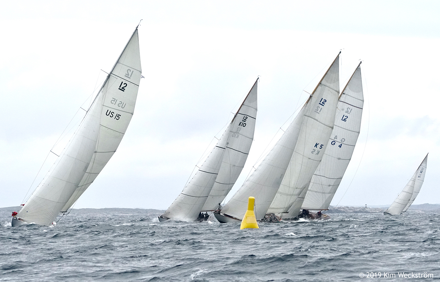 The Baltic Vintage fleet sailing to weather at the 2019 12mR European Championship at Marstrand. ~ Kim Weckström photo