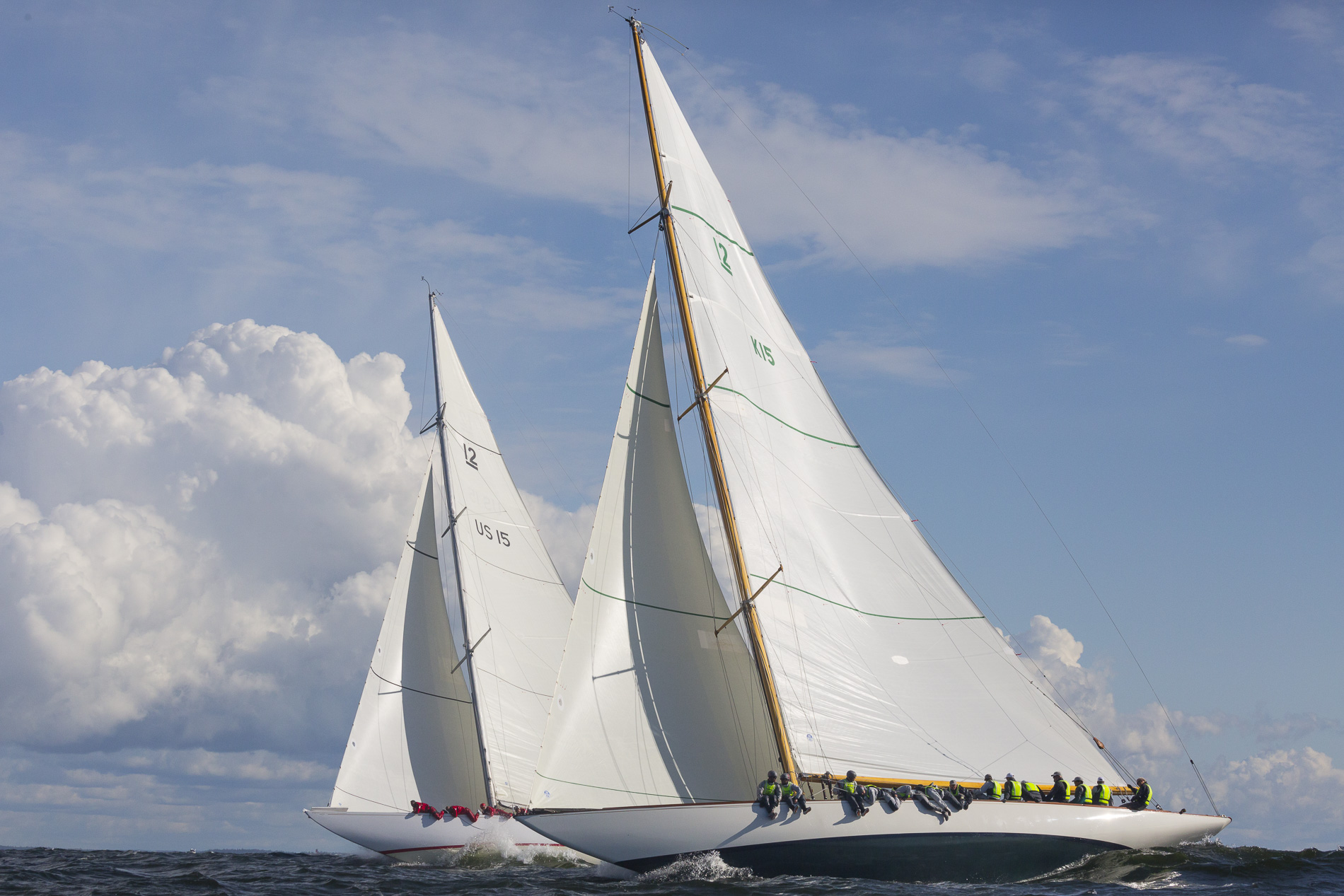 Vim (US-15) and Wings (K-15) racing upwind on day 4 of the 2021 12mR World Championship in Helsinki, FI | Lauri Hanninen