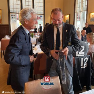 ITMA President, Paul Buttrose presents 12 Metre YC tie to NJK Commodore Mats Welin | SallyAnne Santos