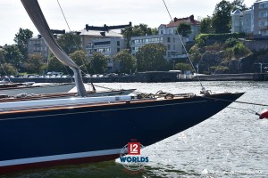 Blue Marlin (FIN-1), on the dock awaits compeition on her home waters at the 2021 EVLI 12mR World Championship hosted by NJK. ~ photo: SallyAnne Santos