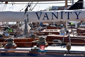 The Vintage 12mR fleet gathered on the dock at NJK for the 2021 EVlI 12mR World Championship. ~ photo: SallyAnne Santos