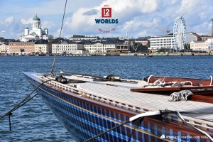 Jenetta (K-1) overlooking downtown Helsinki at the 2021 EVLI 12mR World Championship hosted by NJK. ~ photo: SallyAnne Santos