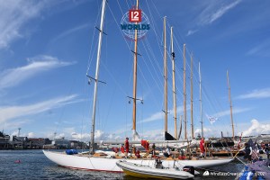 The Vintage 12mR fleet gathered on the dock at NJK for the 2021 EVlI 12mR World Championship. ~ photo: SallyAnne Santos