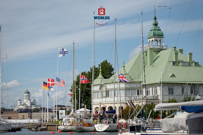 Vintage 12mR fleet assembled on the dock at NJK for the 2021 EVLI 12mR World Championship, photo: Sailpix.fi