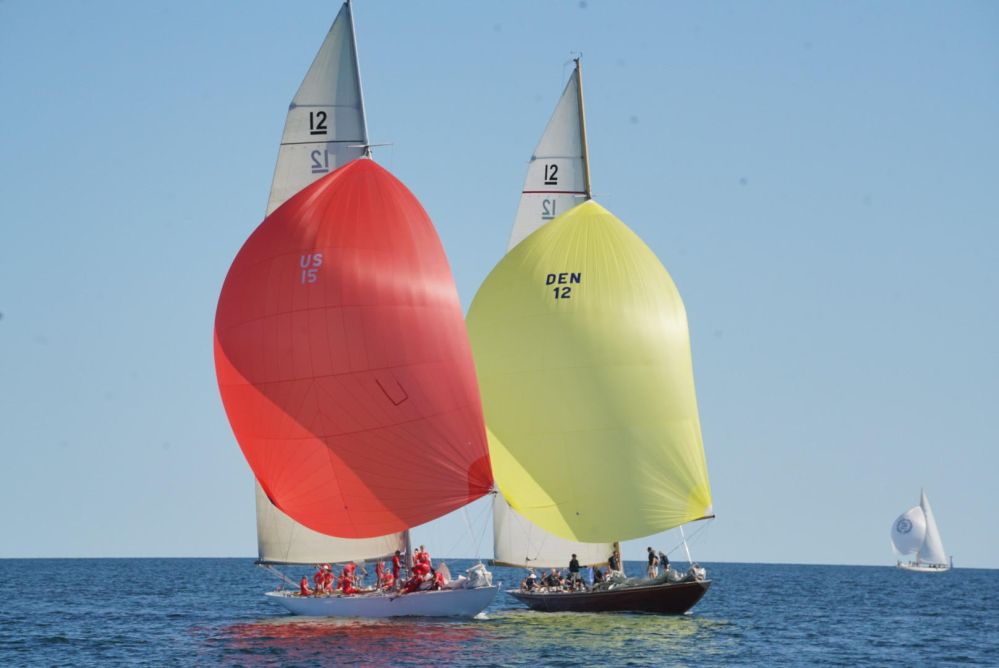 12mRs Vim (US-15) and Nini Anker (N-15) racing downwind at the 12mR Pre-World Championship at KSS Saltsjobaden - Sandhamn Regatta